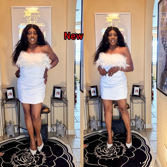 White Strapless Dress with Furry Trim - Picture 11 of 13